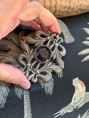 Vintage 1890’s Silver-Tone Belt Buckle, or pin with Deep Purple Stone